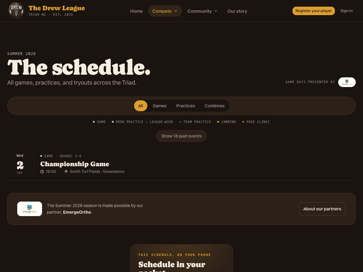 The Drew League public schedule page listing games, practices, and combines