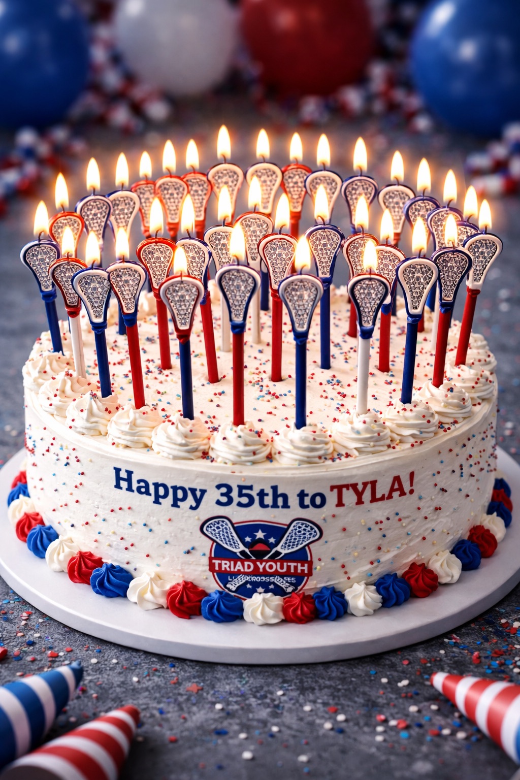 TYLA 35th anniversary cake with lacrosse-stick candles